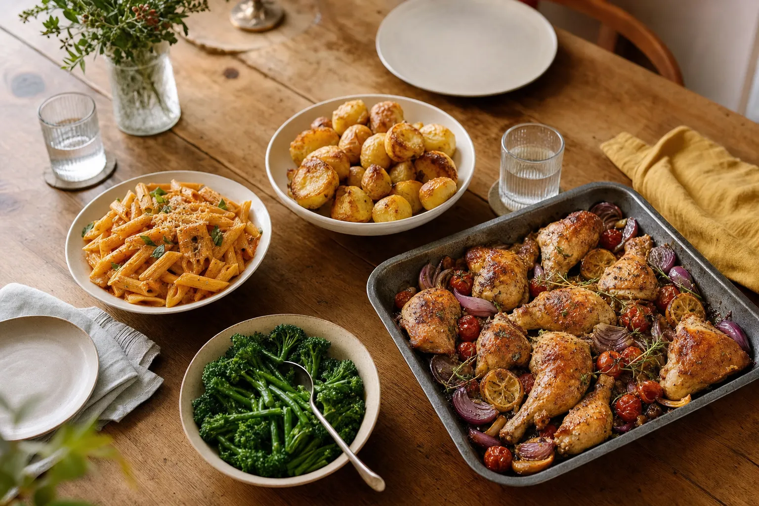 A warm kitchen table of home-cooked dishes